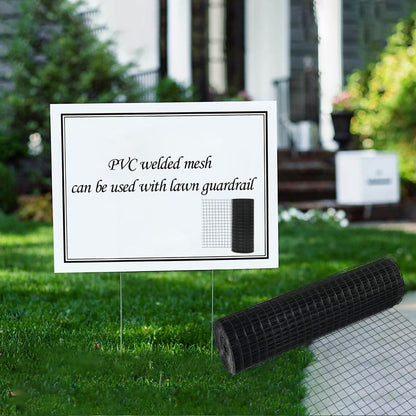 Vinyl coated hardware cloth roll in black beside PVC welded mesh sign on lawn on Tampa Home & Garden Store