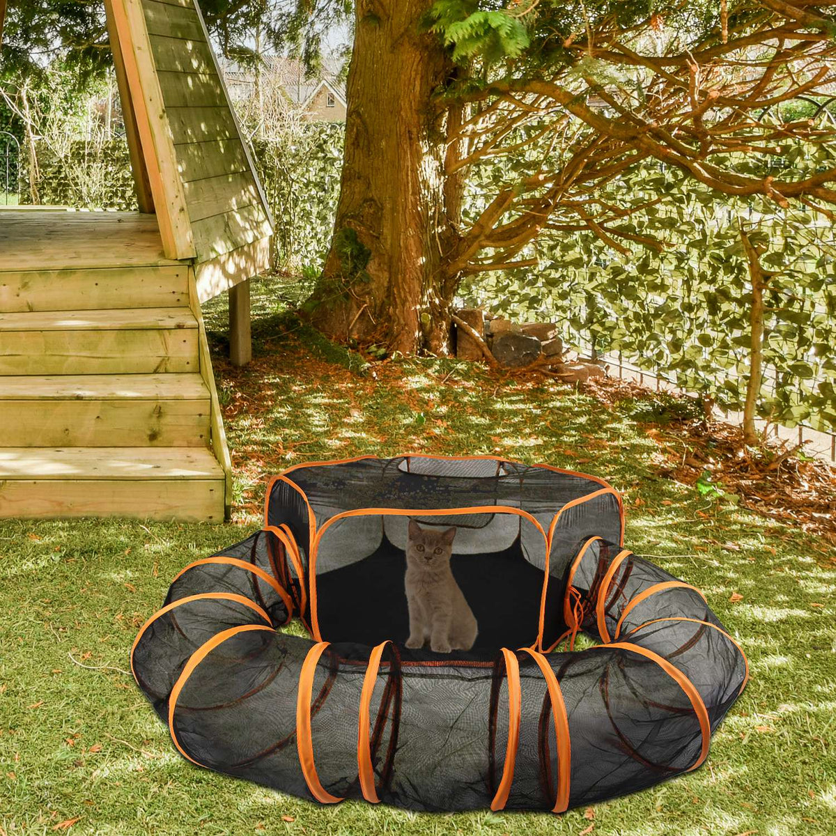 GemGear 2-in-1 foldable pet play tent with tunnel, orange-trim mesh playpen for cats dogs on Tampa Home & Garden Store