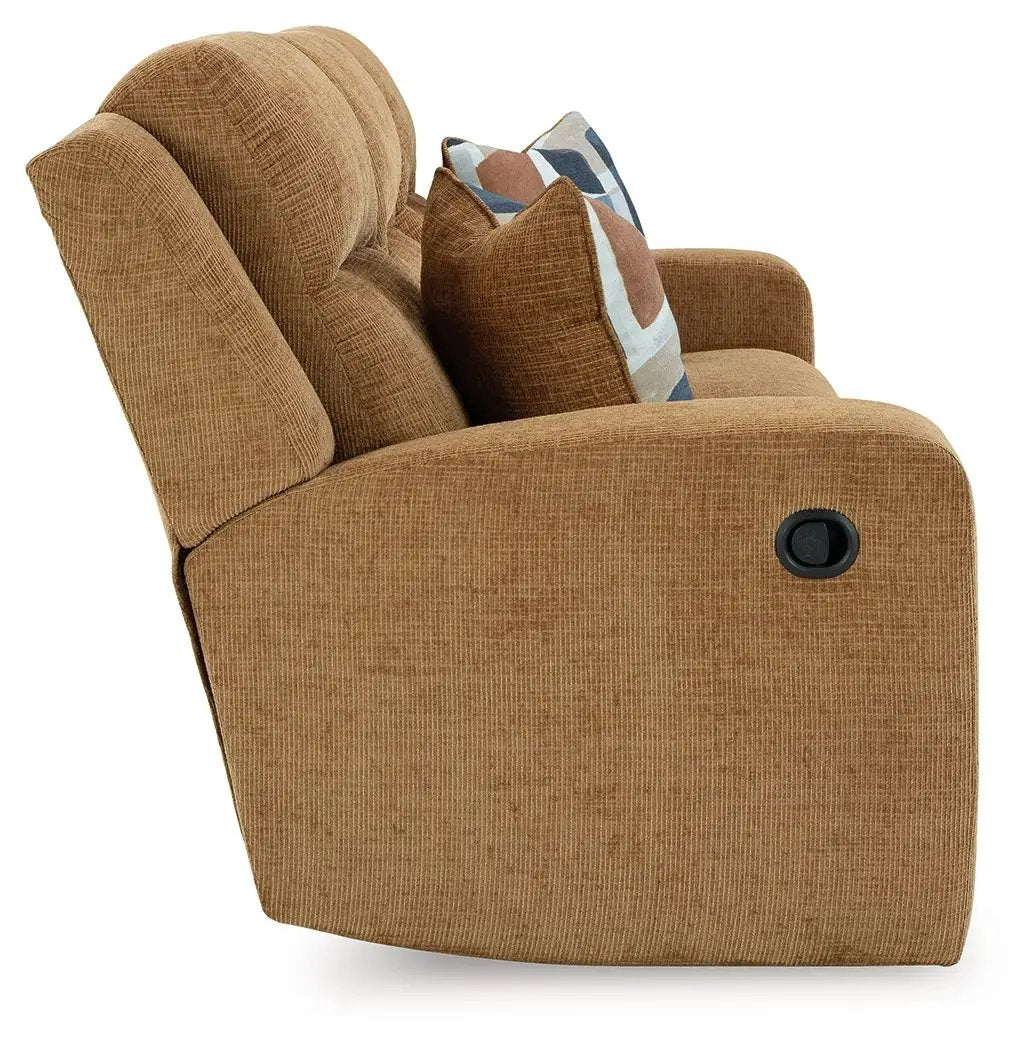 Kanlow Reclining Sofa tan textured fabric with side manual recline lever on Tampa Home & Garden Store