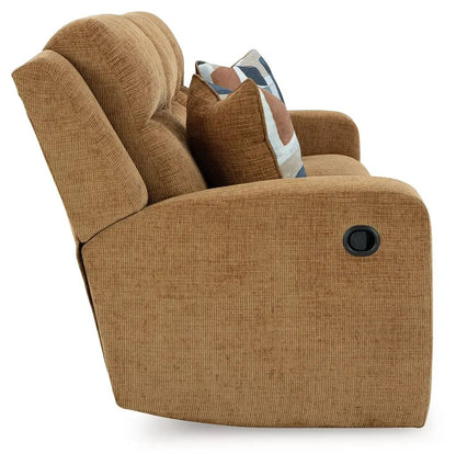 Kanlow Reclining Sofa tan textured fabric with side manual recline lever on Tampa Home & Garden Store
