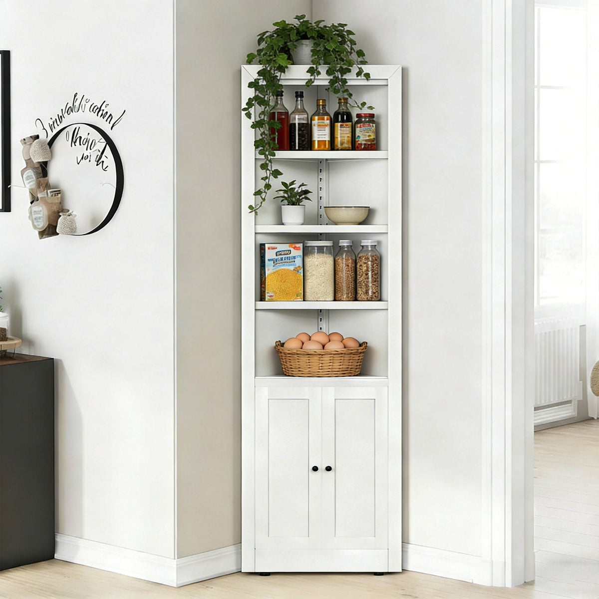 Tall Corner Storage Cabinet white with 2 doors and 5 adjustable shelves HouseOfZazla on Tampa Home & Garden Store