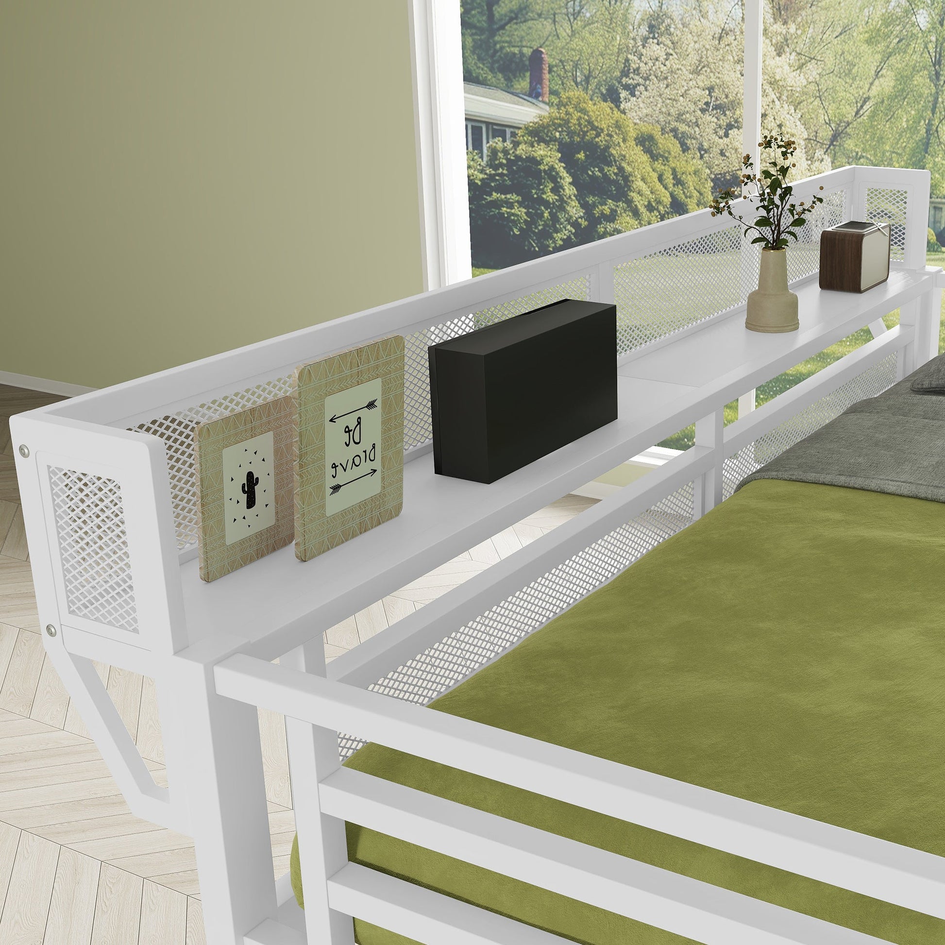 White full-size loft bed with stairs and storage shelves, wood frame with mesh panels on balcony on Tampa Home & Garden Store
