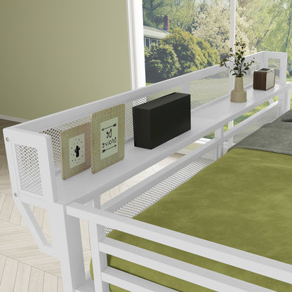 White full-size loft bed with stairs and storage shelves, wood frame with mesh panels on balcony on Tampa Home & Garden Store