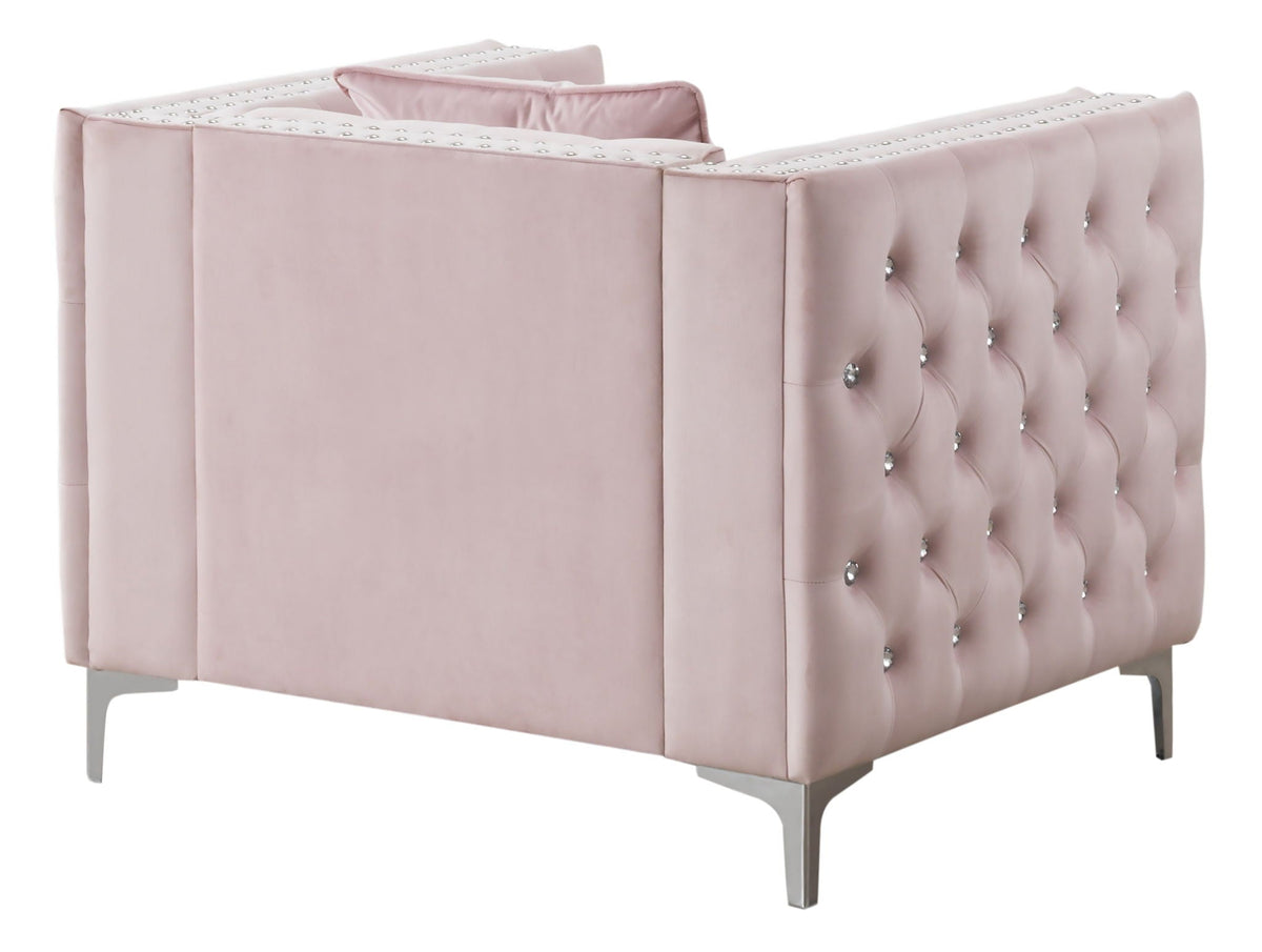 Tufted Arm Chair Paige by HouseOfZazla, blush pink velvet with diamond buttons, metal legs on Tampa Home & Garden Store