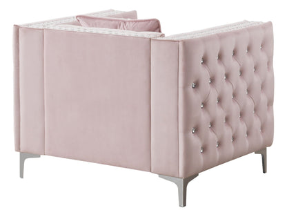 Tufted Arm Chair Paige by HouseOfZazla, blush pink velvet with diamond buttons, metal legs on Tampa Home & Garden Store
