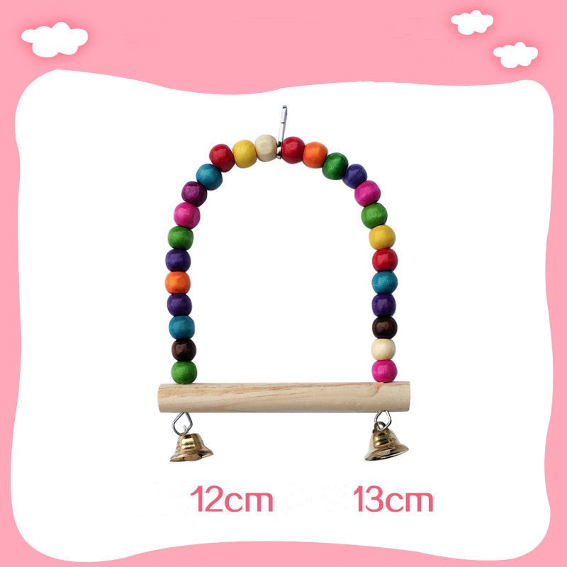 Parrot bird climbing ladder toy with rainbow wooden beads and hanging bells on wood perch on Tampa Home & Garden Store