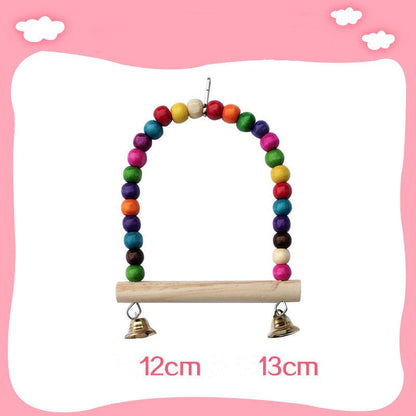 Parrot bird climbing ladder toy with rainbow wooden beads and hanging bells on wood perch on Tampa Home & Garden Store