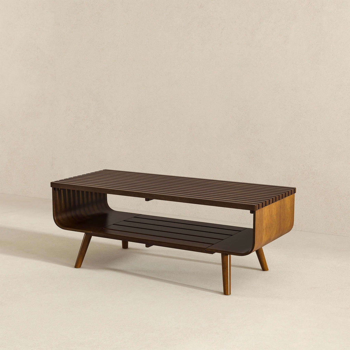 Alice mid-century modern coffee table in dark wood with slatted top and curved legs on Tampa Home & Garden Store