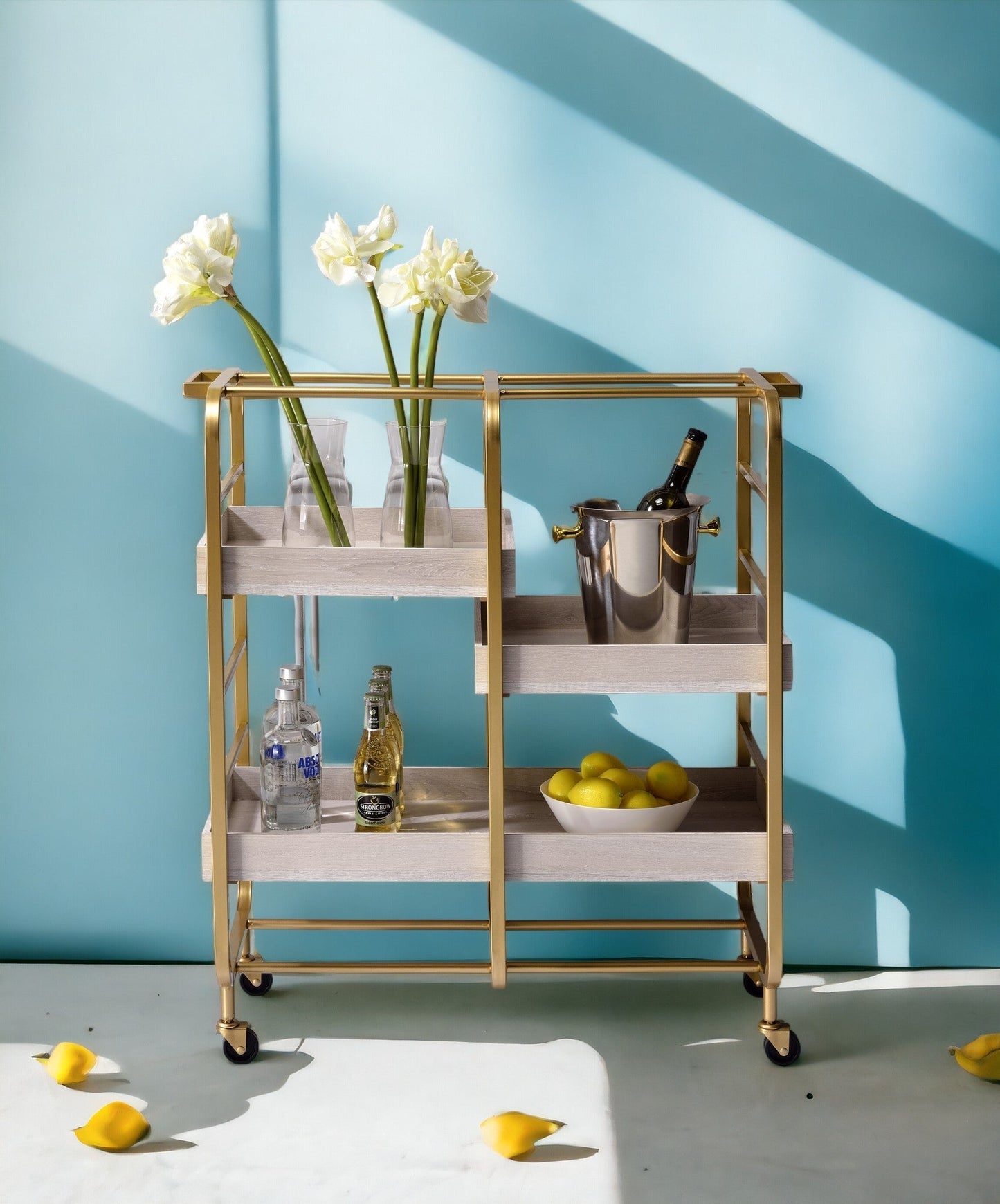 Vorrik Serving Cart gold & white washed finish with gold frame and wood shelves HouseOfZazla on Tampa Home & Garden Store