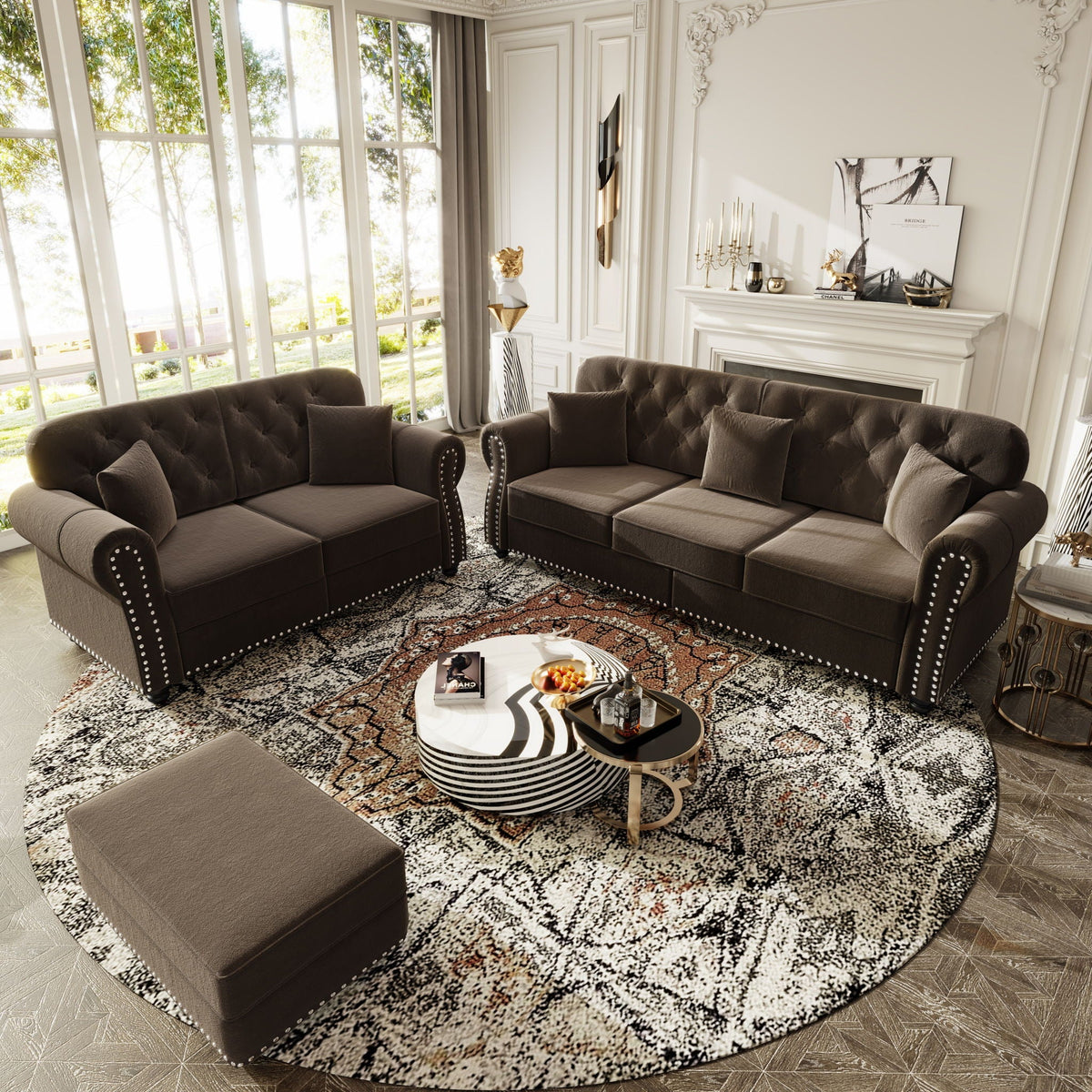 Upholstered Sofa Set with Nailhead and Pillows