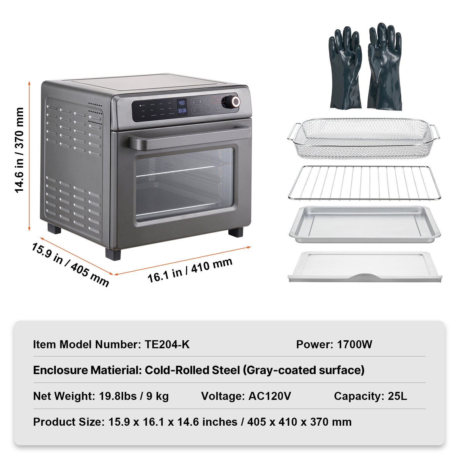 HouseOfZazla 12-in-1 Air Fryer Toaster Oven, stainless steel 25L, 1700W with mitts on Tampa Home & Garden Store
