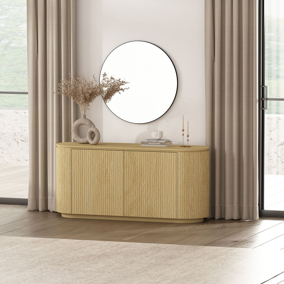 Oak sideboard with adjustable shelves and handle-free doors, 60-inch wide on Tampa Home & Garden Store