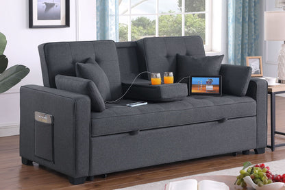 Convertible Sleeper Loveseat in dark gray fabric with two cup holders and charging ports on Tampa Home & Garden Store