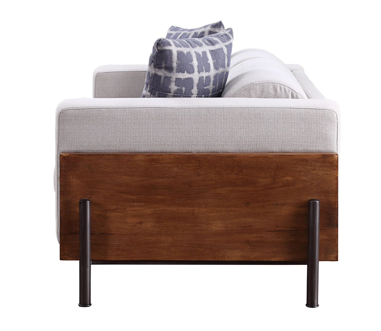 Pelton Loveseat with pillows, walnut wood base, gray upholstery on Tampa Home & Garden Store