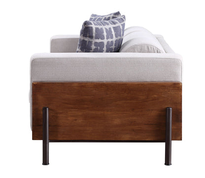 Pelton Loveseat with pillows, walnut wood base, gray upholstery on Tampa Home & Garden Store