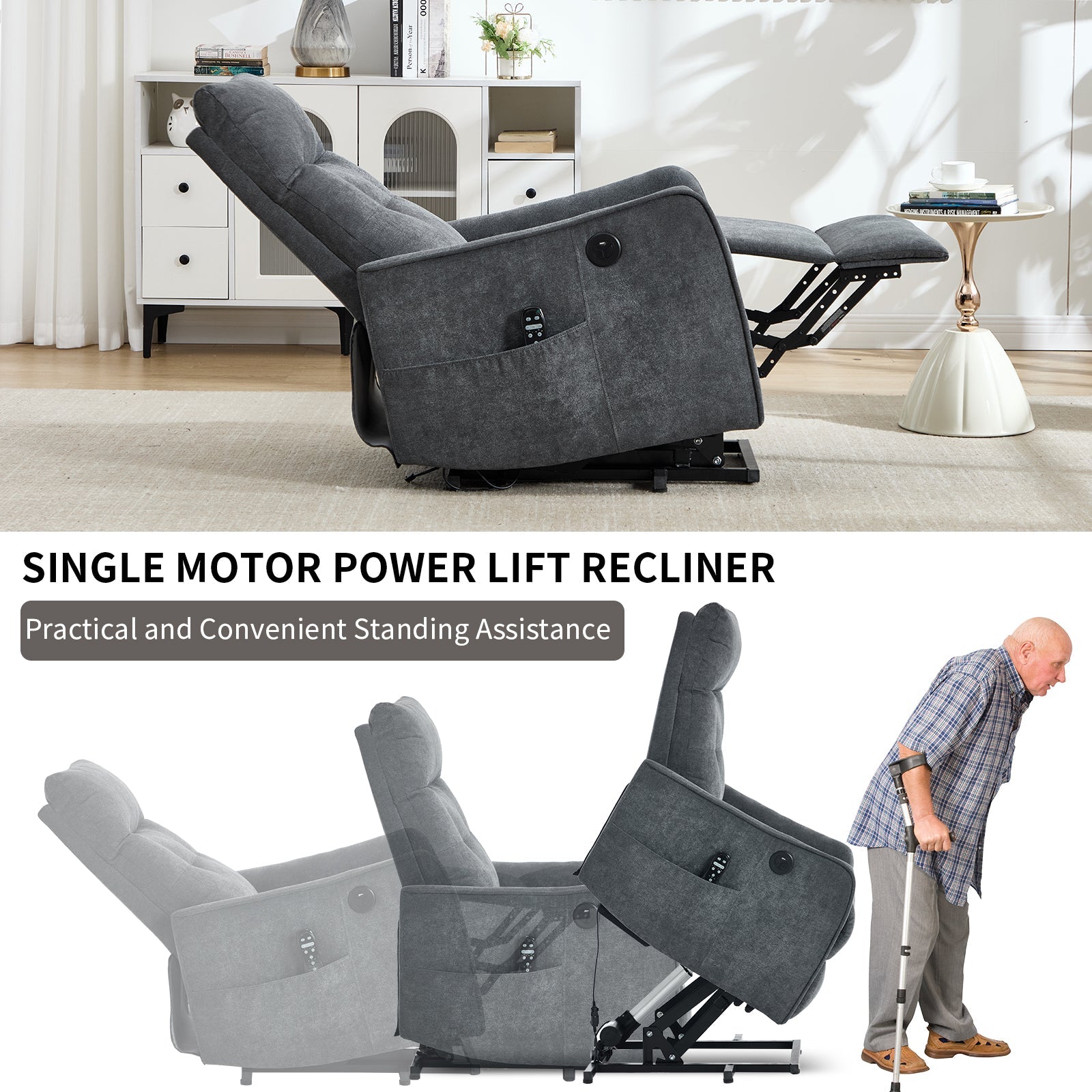 Grey chenille single-motor power lift recliner chair by HouseOfZazla on Tampa Home & Garden Store