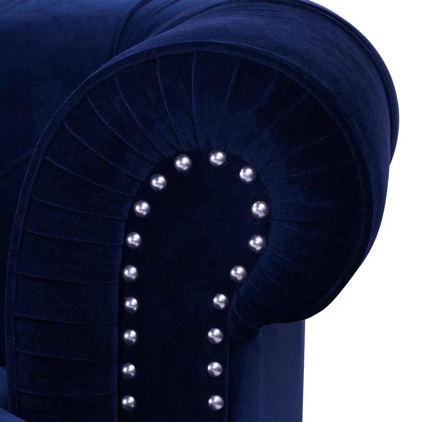 La Rosa Victorian Chesterfield Tufted Sofa navy velvet upholstery with silver nailhead trim on Tampa Home & Garden Store