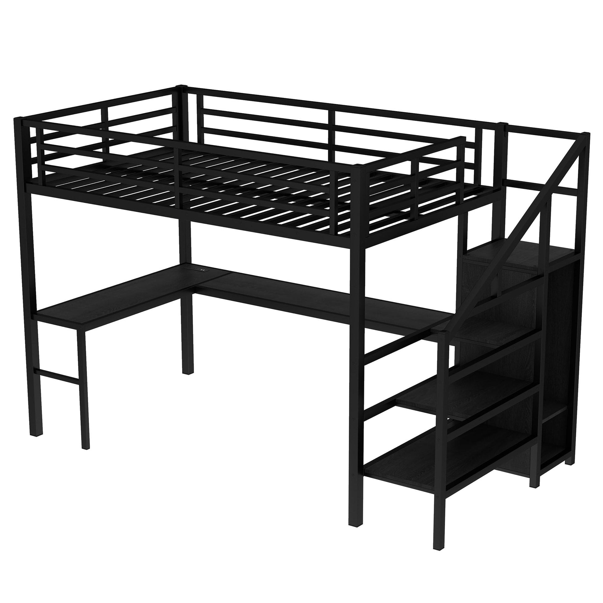 Full size loft bed with L-shaped desk, black metal frame with USB, 1 unit on Tampa Home & Garden Store
