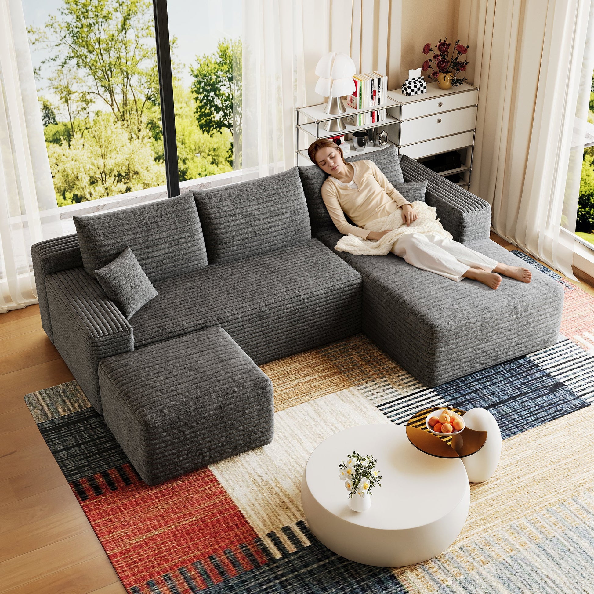 95in Cloud Sectional Sofa with Ottoman by HouseOfZazla in dark gray ribbed fabric on Tampa Home & Garden Store