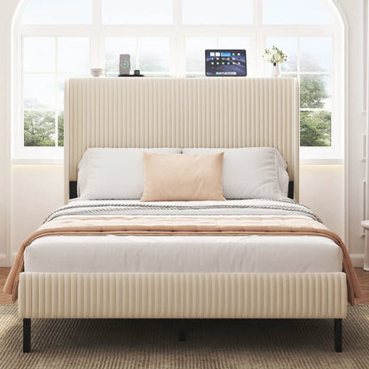 Platform bed with cream upholstery and black metal frame with built-in charging station on Tampa Home & Garden Store