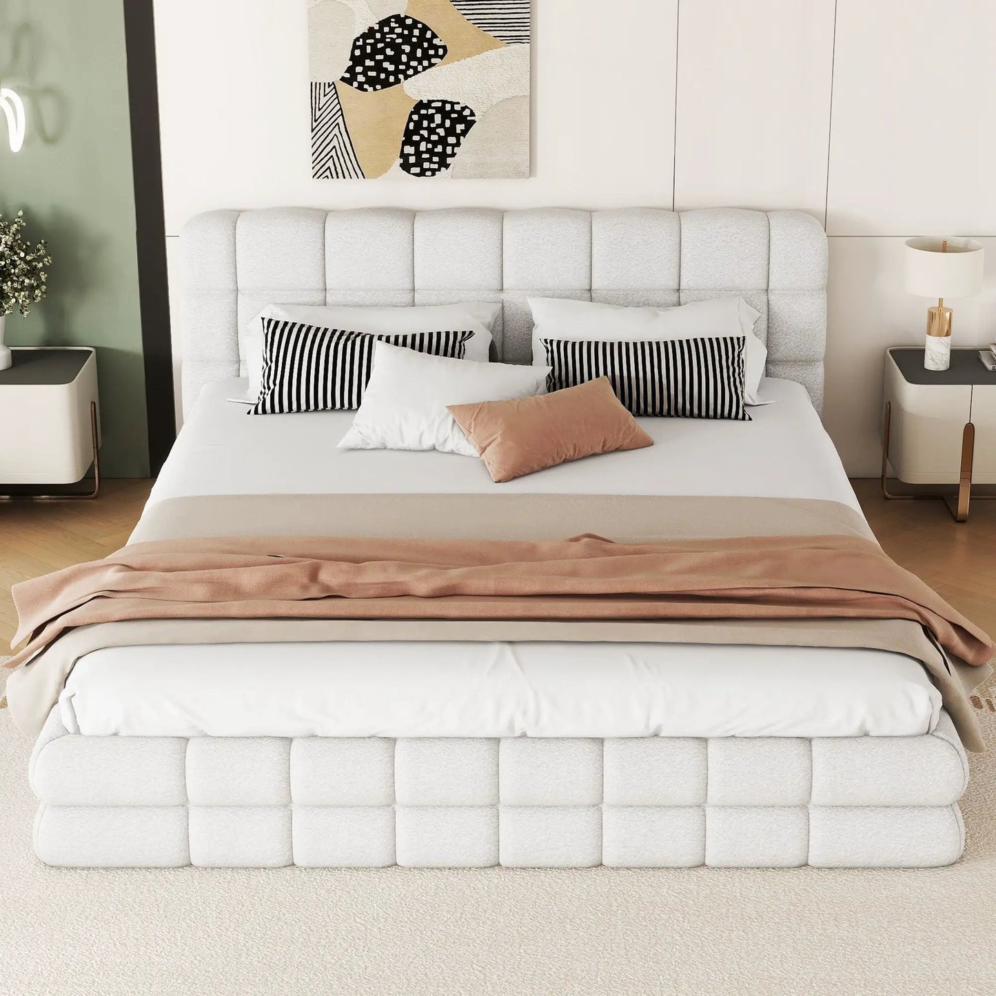 Upholstered platform bed with a tufted light gray headboard in a modern bedroom on Tampa Home & Garden Store