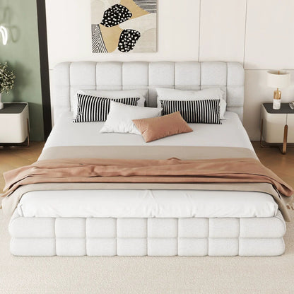 Upholstered platform bed with a tufted light gray headboard in a modern bedroom on Tampa Home & Garden Store
