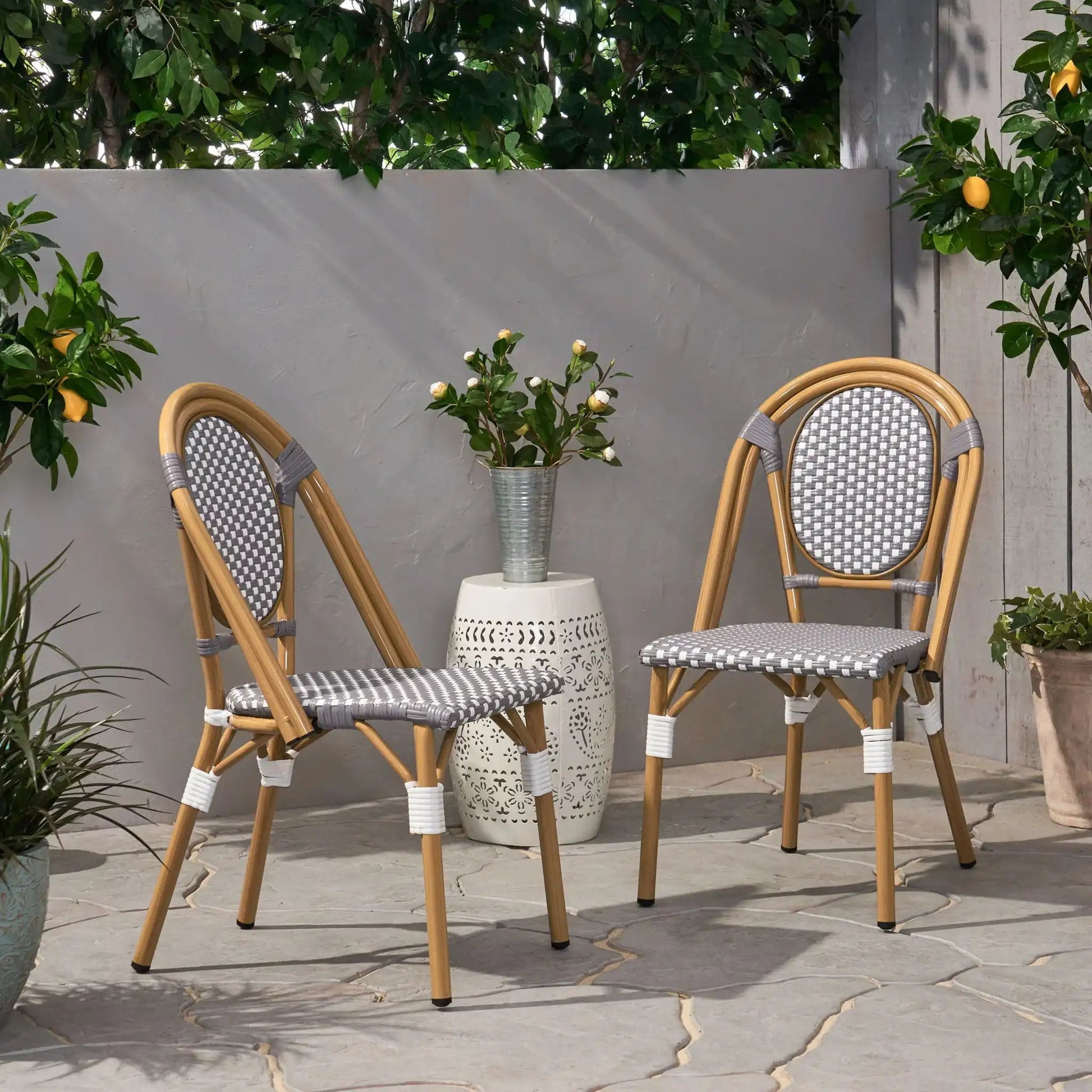 Outdoor rattan and aluminum French Bistro chair set, two gray weave chairs with wood legs on Tampa Home & Garden Store