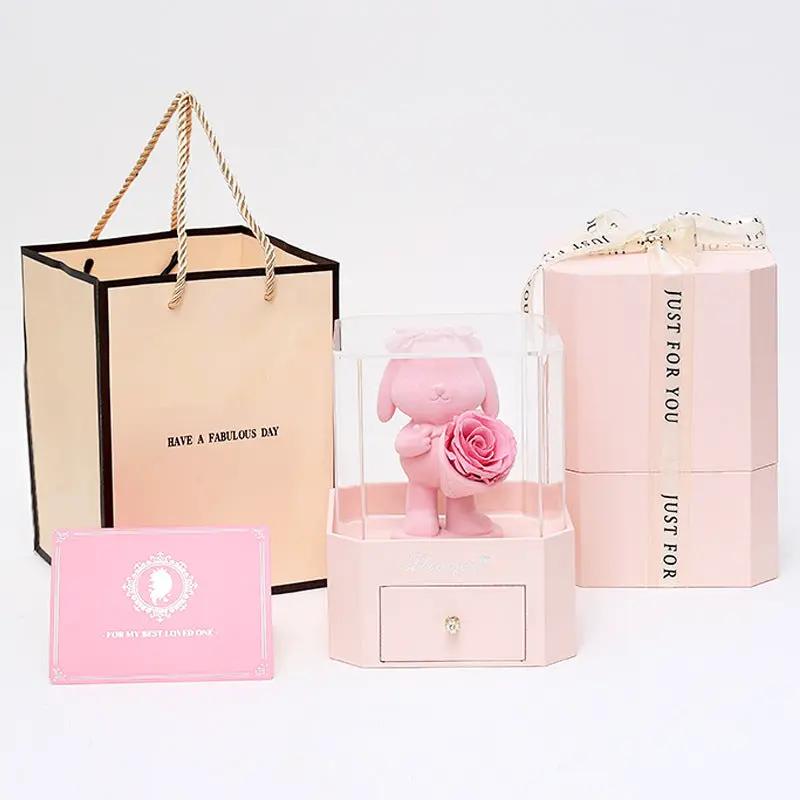 Flocking Bear Gift Box with pink plush bear and rose in clear dome on pink box base 2 items on Tampa Home & Garden Store