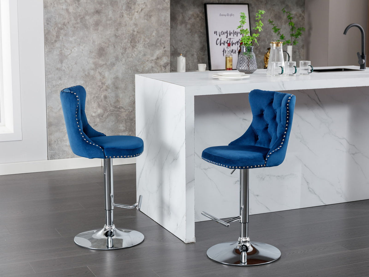 Swivel adjustable height barstools set of 2 in blue velvet with tufted backs and chrome bases on Tampa Home & Garden Store