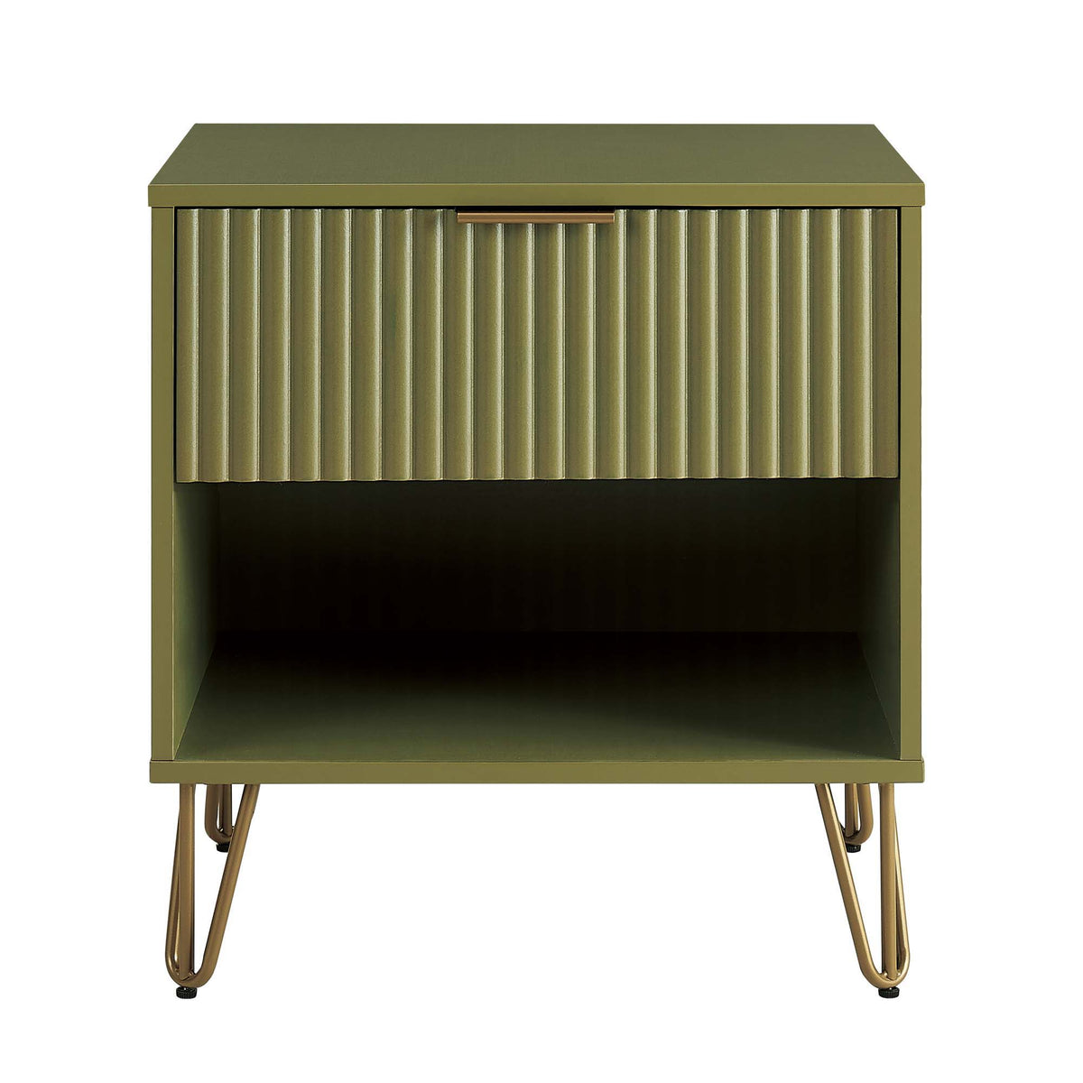 Modern nightstand with fluted drawer front and gold handles in olive green by HouseOfZazla on Tampa Home & Garden Store