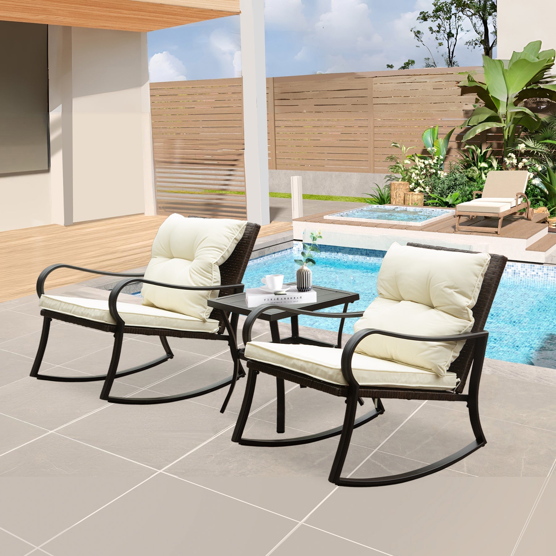 Metal 2-Person Outdoor Rocking Seating Group with Cream Cushions, HouseOfZazla, black frames on Tampa Home & Garden Store