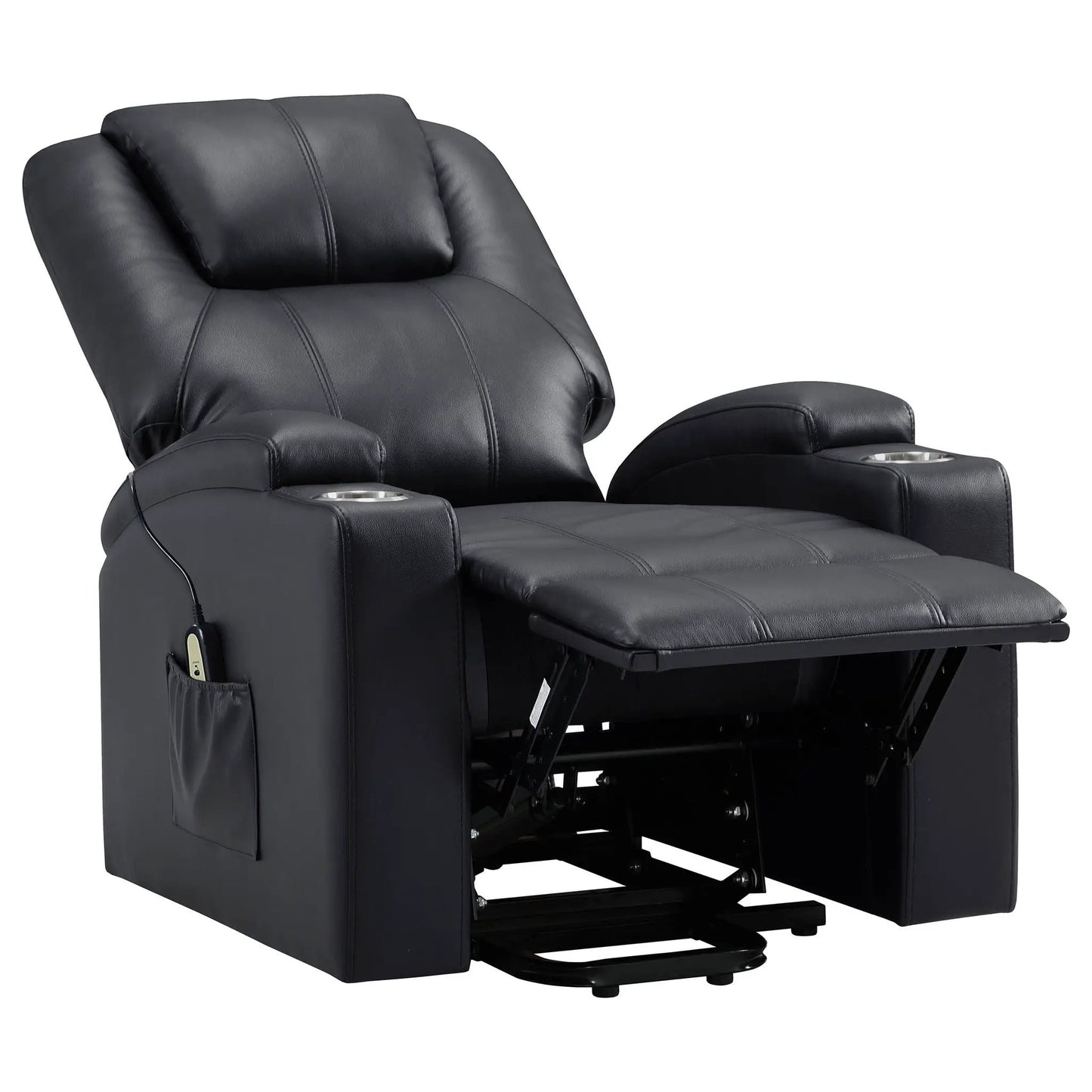 Power lift massage recliner in black leather with dual cupholders and lift mechanism on Tampa Home & Garden Store