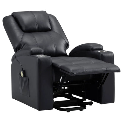 Power lift massage recliner in black leather with dual cupholders and lift mechanism on Tampa Home & Garden Store