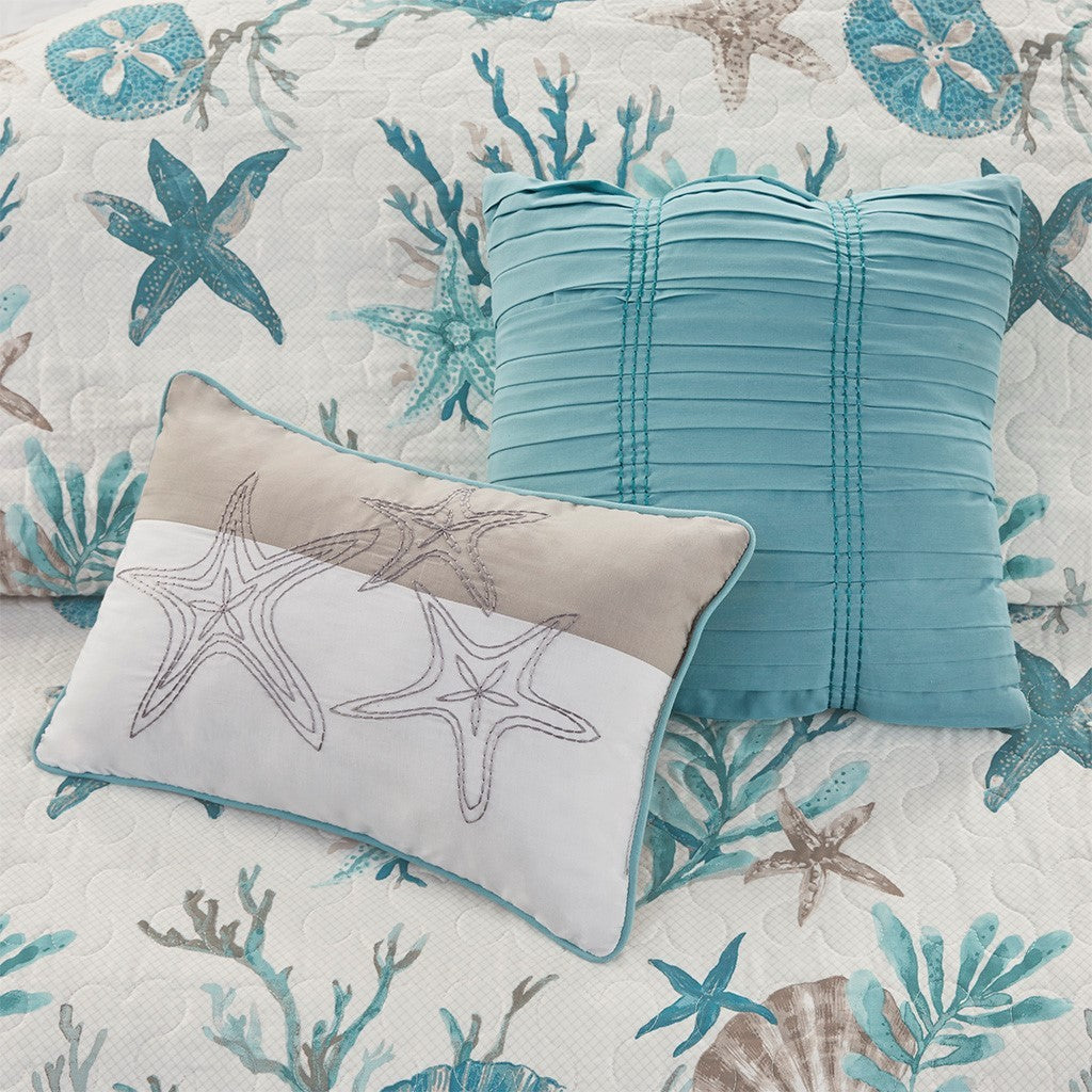 Quilt set aqua cotton sateen with coastal motifs; turquoise pleated pillow on Tampa Home & Garden Store