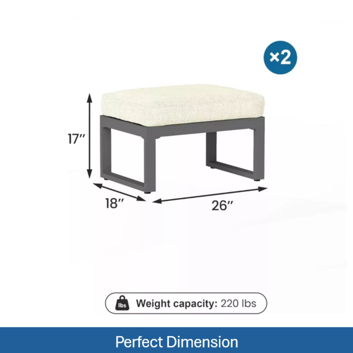 All-Weather Patio Ottomans with thick beige cushions and dark gray metal frames set of 2 on Tampa Home & Garden Store