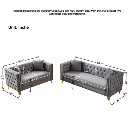 Deep seat sofas with tufted buttons and nailhead trim, square arms gray upholstery pair on Tampa Home & Garden Store