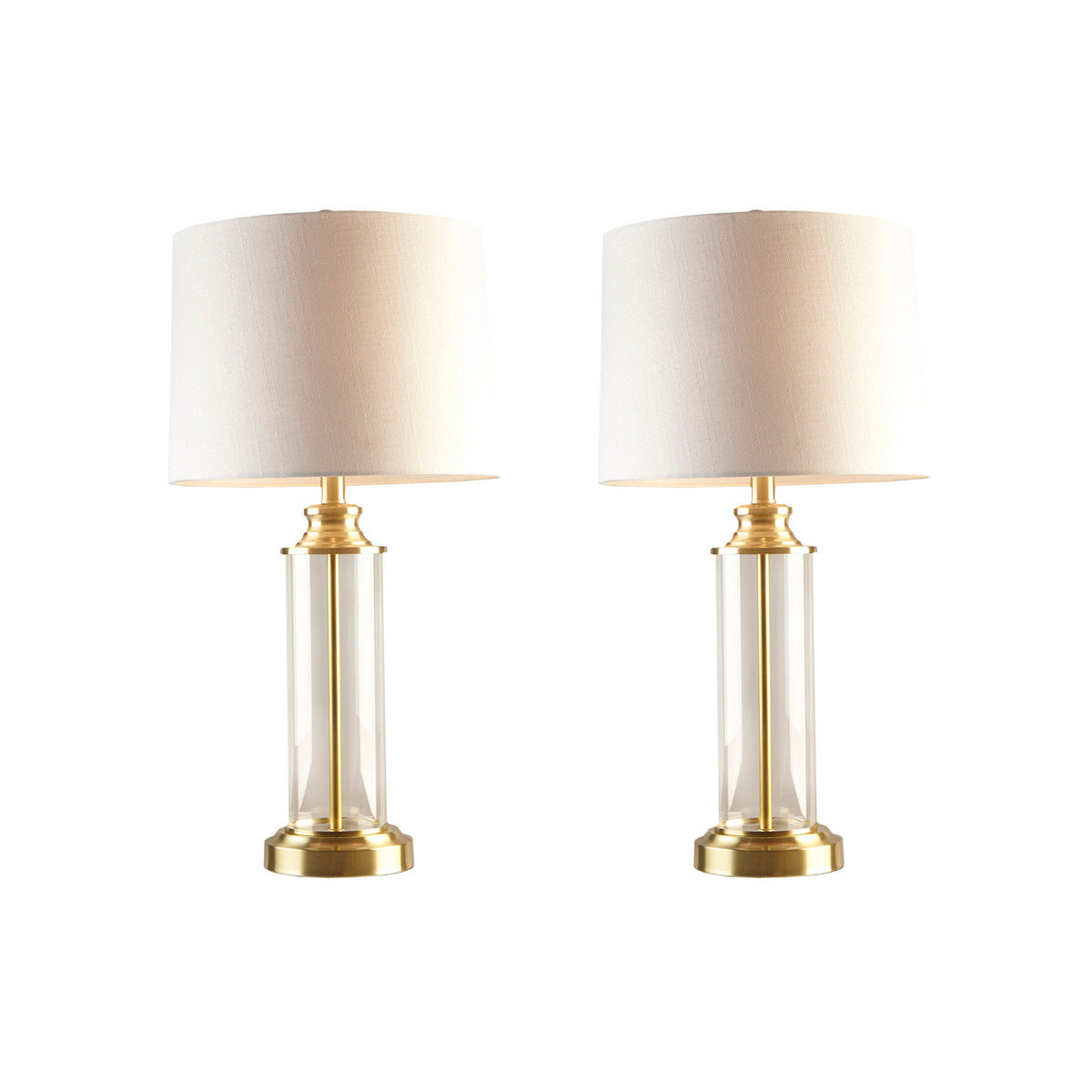 Clarity Glass Cylinder Table Lamps set of 2 with clear glass bodies, brass bases, white shades on Tampa Home & Garden Store