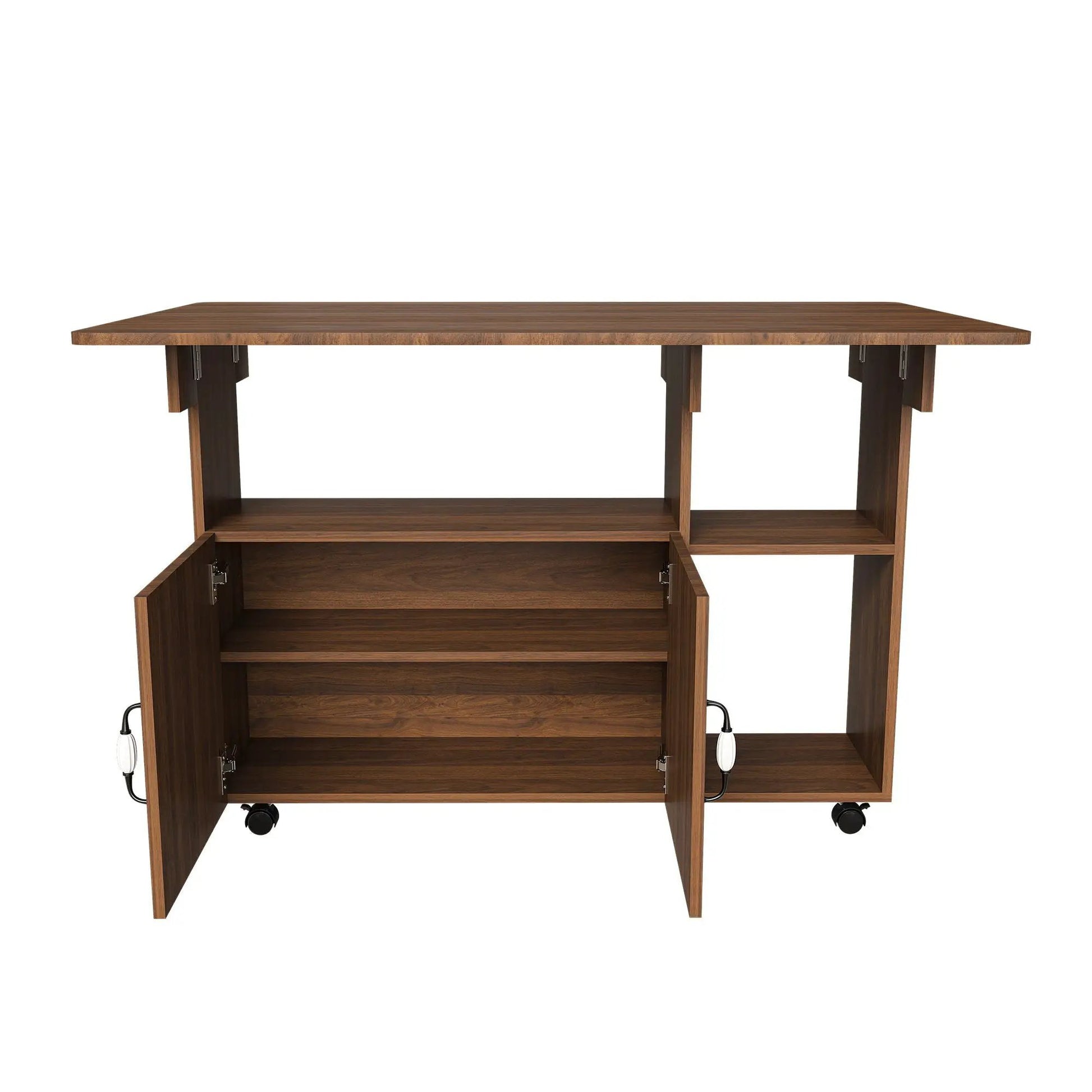 Multi functional folding island table with storage shelves and wheels in dark wood finish on Tampa Home & Garden Store