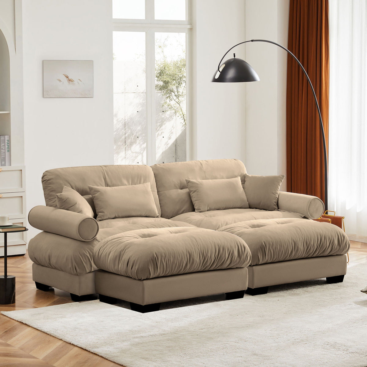 Beige sectional sofa with ottoman and round bolster arms, 2pc on Tampa Home & Garden Store