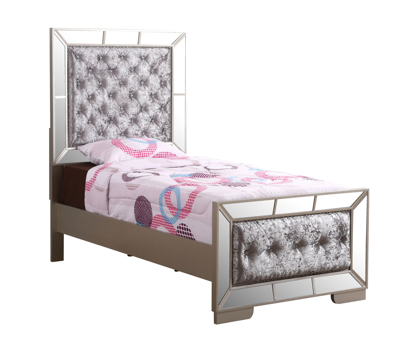 Stylish contemporary panel bed by HouseOfZazla featuring tufted silver velvet headboard and mirrored chrome frame on Tampa Home & Garden Store