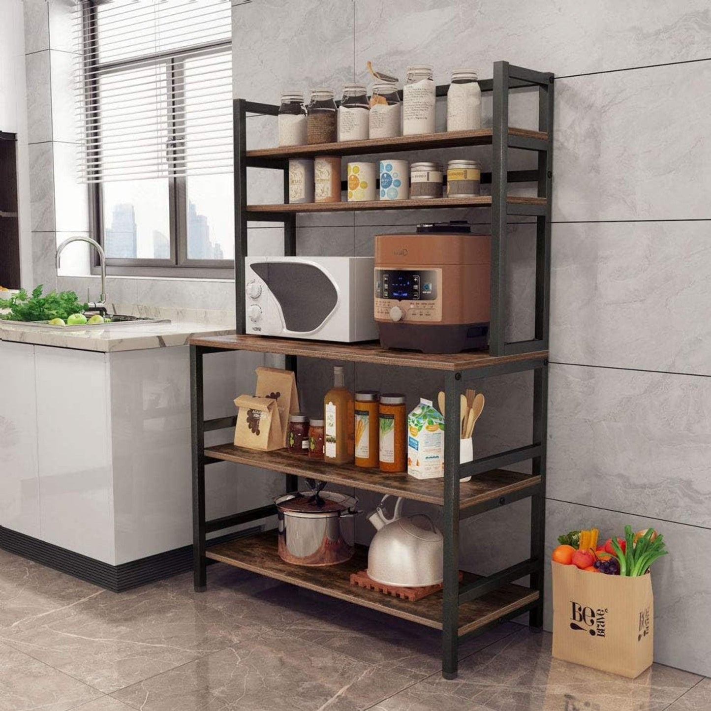 5-tier black bakers rack with hutch microwave stand; wood shelves hold jars and pantry items on Tampa Home & Garden Store