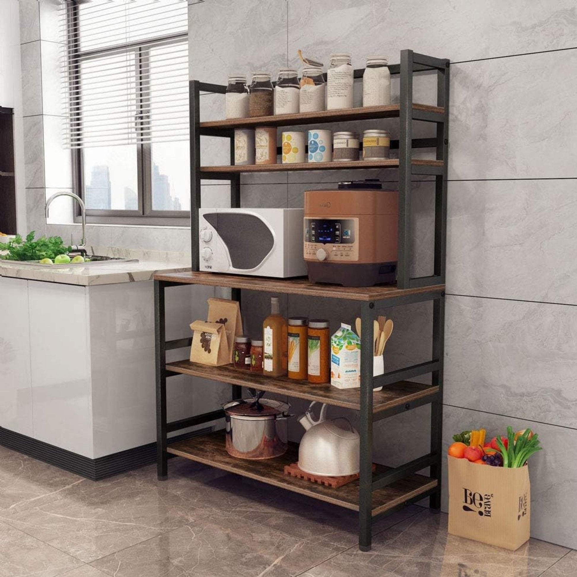 5-tier black bakers rack with hutch microwave stand; wood shelves hold jars and pantry items on Tampa Home & Garden Store