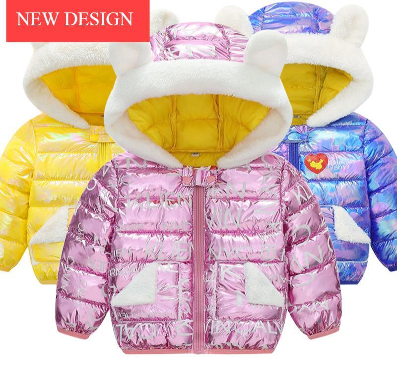 Hooded baby puffer coat Stevvex pink with white faux fur hood and pockets; yellow and blue colors on Tampa Home & Garden Store