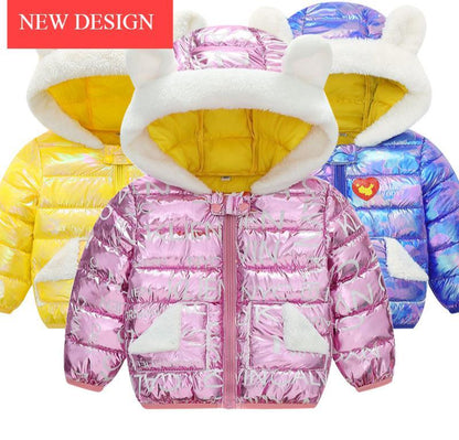 Hooded baby puffer coat Stevvex pink with white faux fur hood and pockets; yellow and blue colors on Tampa Home & Garden Store