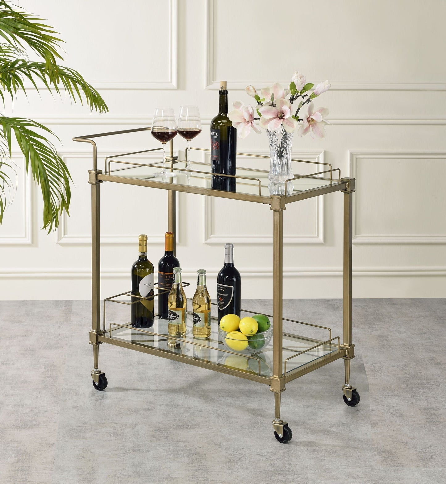 Aditya Mirrored & Antique Brass Finish Serving Cart two-tier bar cart with casters on Tampa Home & Garden Store