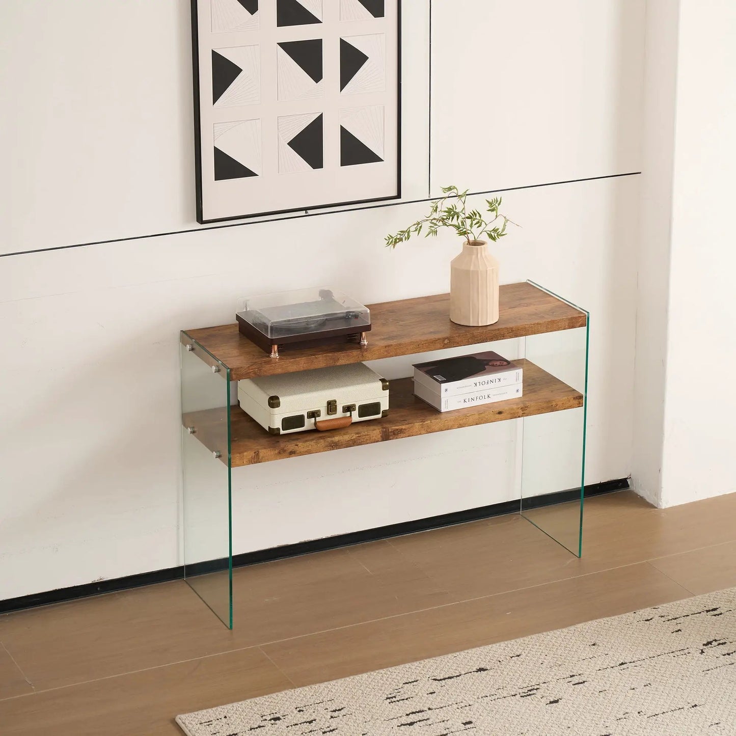 Durable living room side table with glass sides and wood top; turntable on Tampa Home & Garden Store