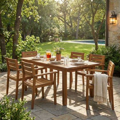 The Acacia Wood Outdoor Dining Table And Chairs patio set for dining outdoors on Tampa Home & Garden Store
