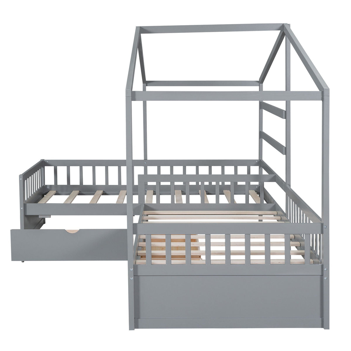 L-shaped platform bed in gray metal with 3 storage drawers and a slatted base on Tampa Home & Garden Store