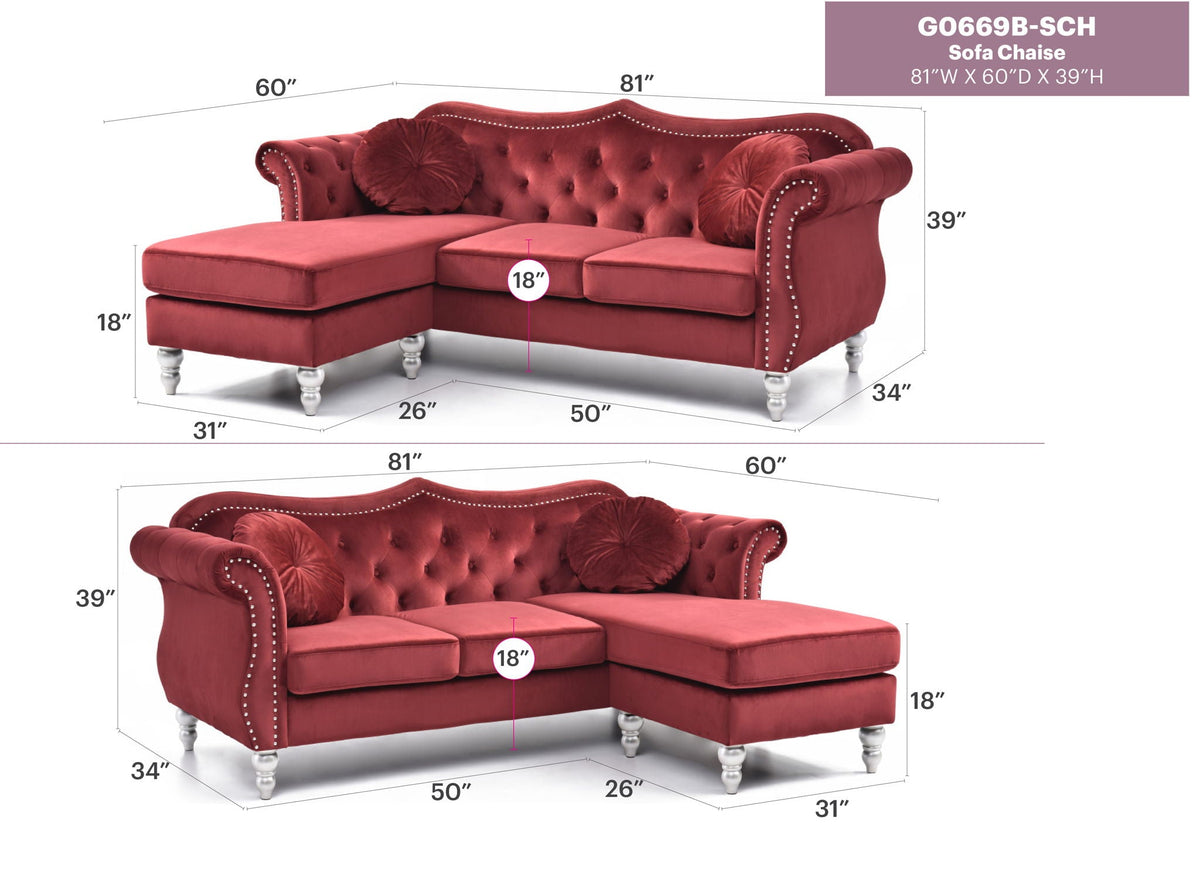 Hollywood Glam Sofa Chaise and Tufted Nailhead