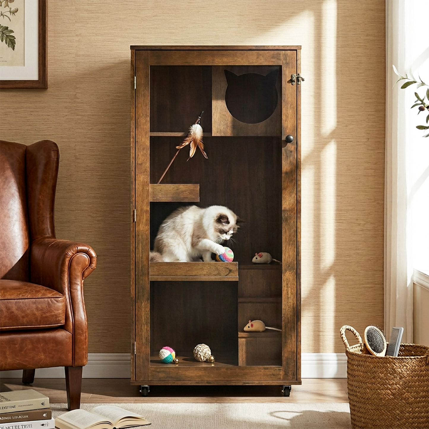 Basia indoor rubber wood cat cabinet with cat silhouette window in dark finish by HouseOfZazla on Tampa Home & Garden Store